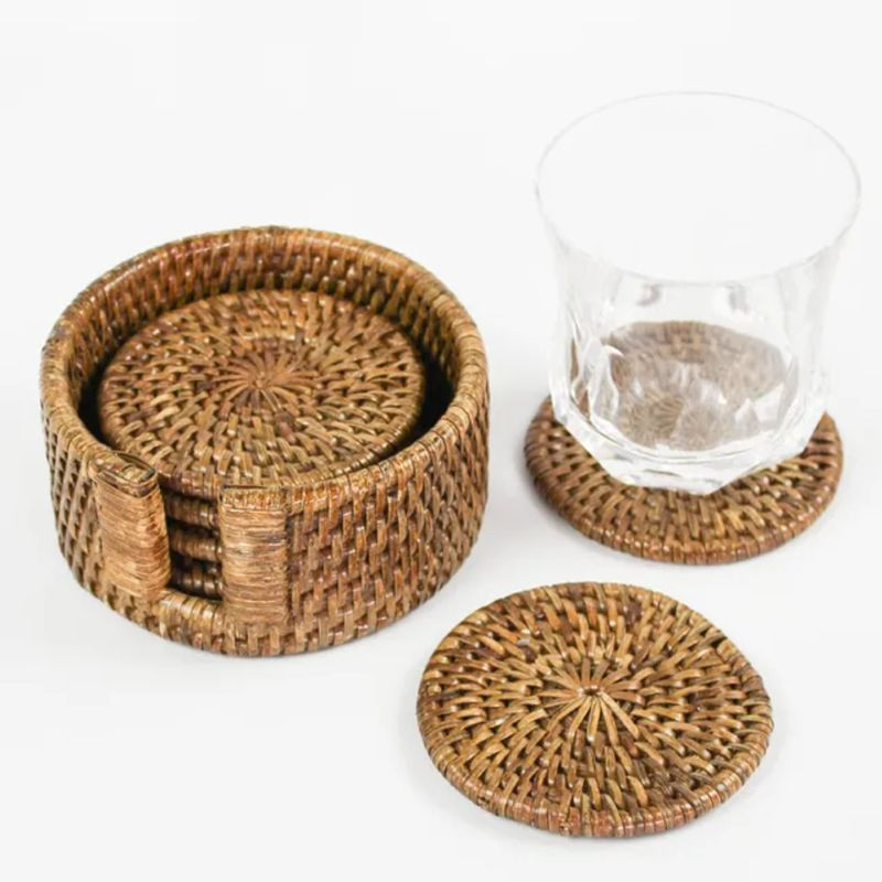 Porta-Copos Redondos em Rattan Natural com Suporte