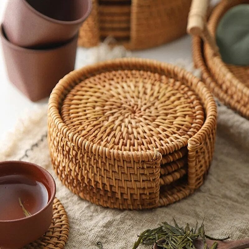 Porta-Copos Redondos em Rattan Natural com Suporte