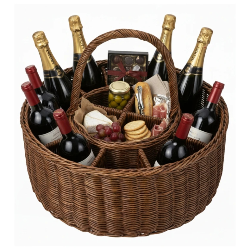 Cesta Redonda de Rattan – Perfeita para Servir Vinhos com Estilo