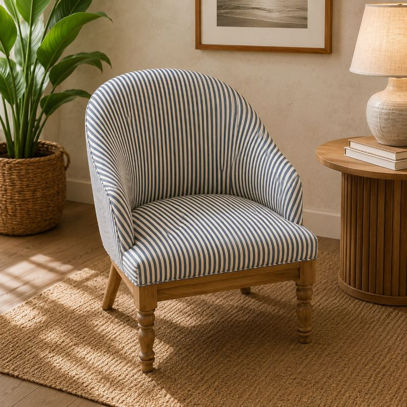Poltrona Listrada Azul e Off White com Base em Madeira Natural – ISHELA