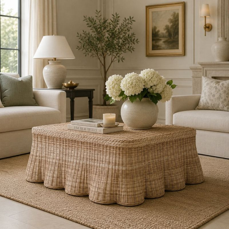 Mesa de Centro em Rattan Natural com Design Ondulado