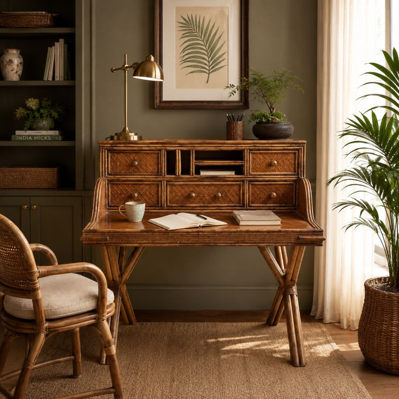 Escrivaninha Secretária em Rattan Natural com Compartimentos e Gavetas