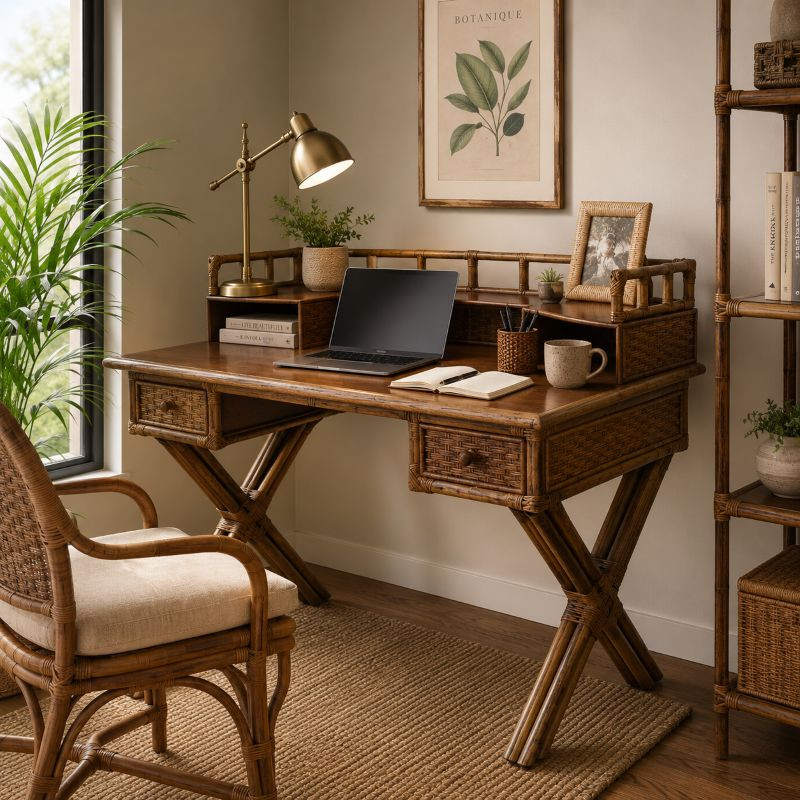 Escrivaninha Secretária em Rattan Natural com Compartimentos e Gavetas