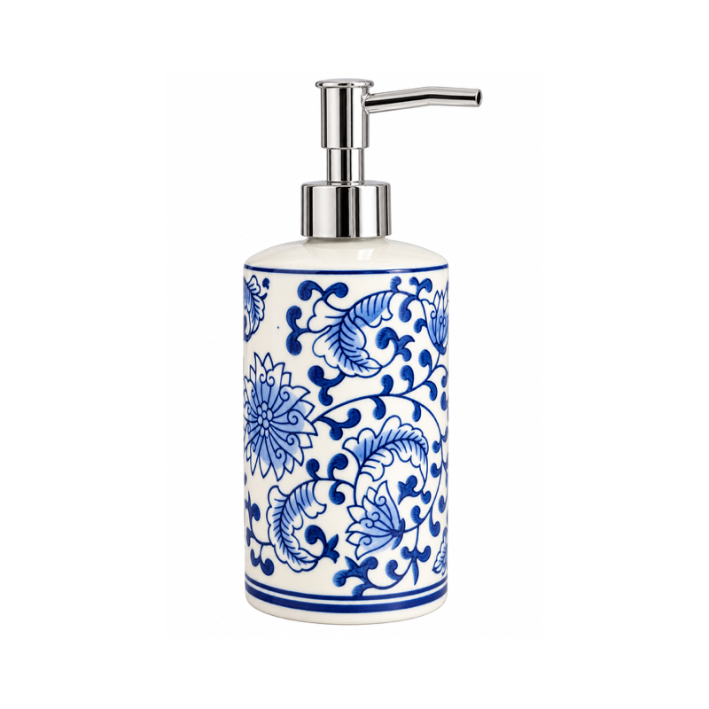 Dispenser para Sabonete Líquido em Cerâmica Azul e Branco com Válvula Cromada