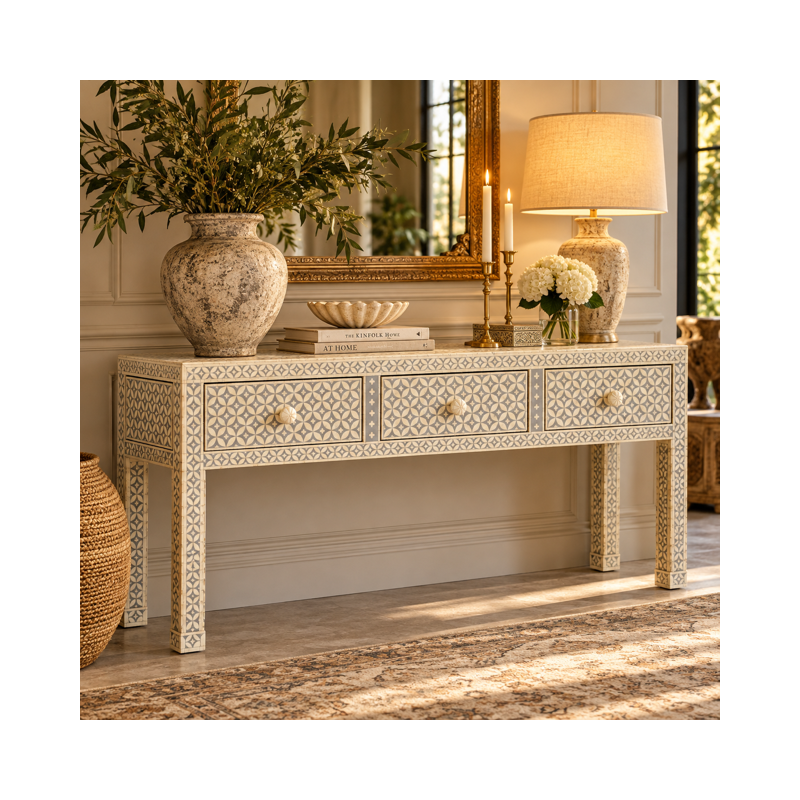 Aparador/Console de Madeira com Marchetaria em Osso – 3 Gavetas | Design Sofisticado
