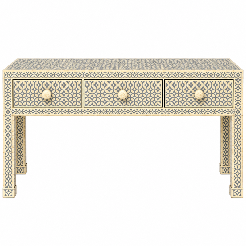 Aparador/Console de Madeira com Marchetaria em Osso – 3 Gavetas | Design Sofisticado