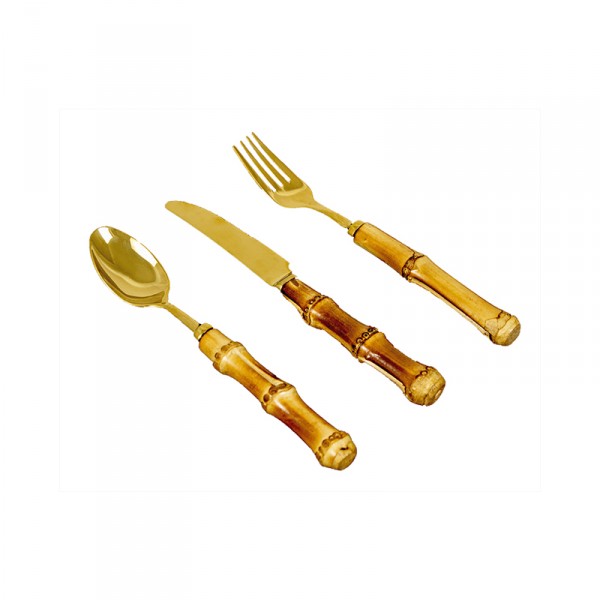 Faqueiro de Sobremesa Dourado com Cabo de Bambu | Mesa Posta Elegante