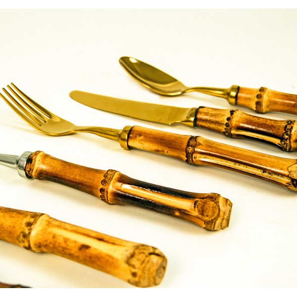 Faqueiro de Sobremesa Dourado com Cabo de Bambu | Mesa Posta Elegante